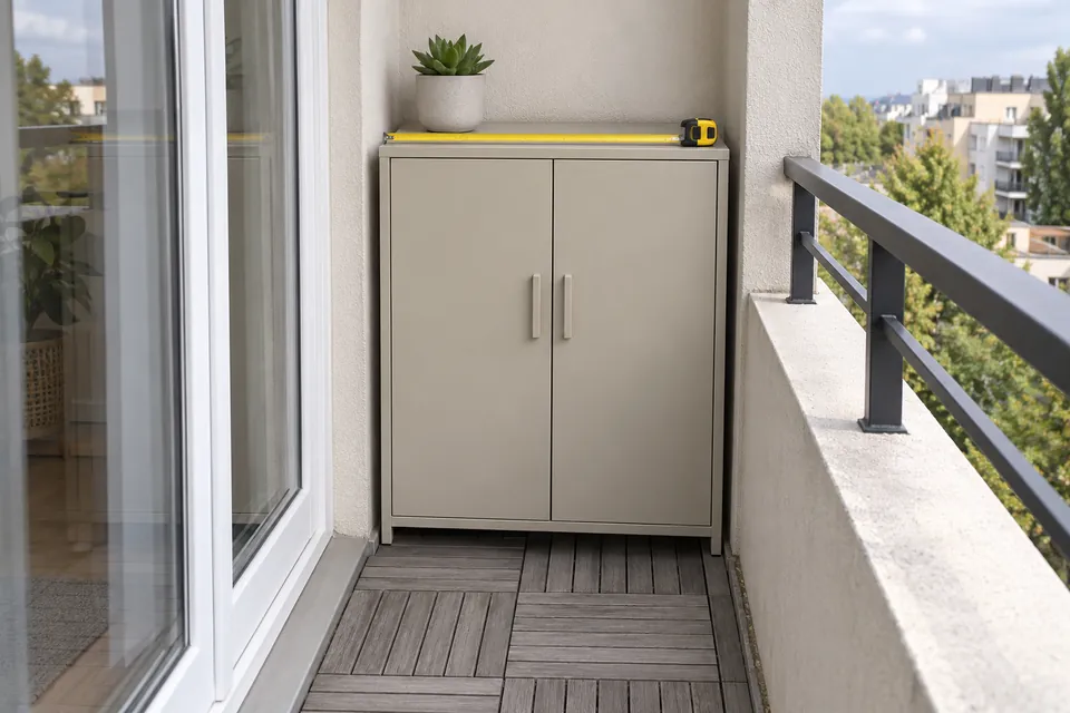 Meuble de rangement pour balcon de 60 cm de large en acier beige entre une porte-fenêtre et un mur, un mètre ruban déroulé sur le plateau et un passage libre devant