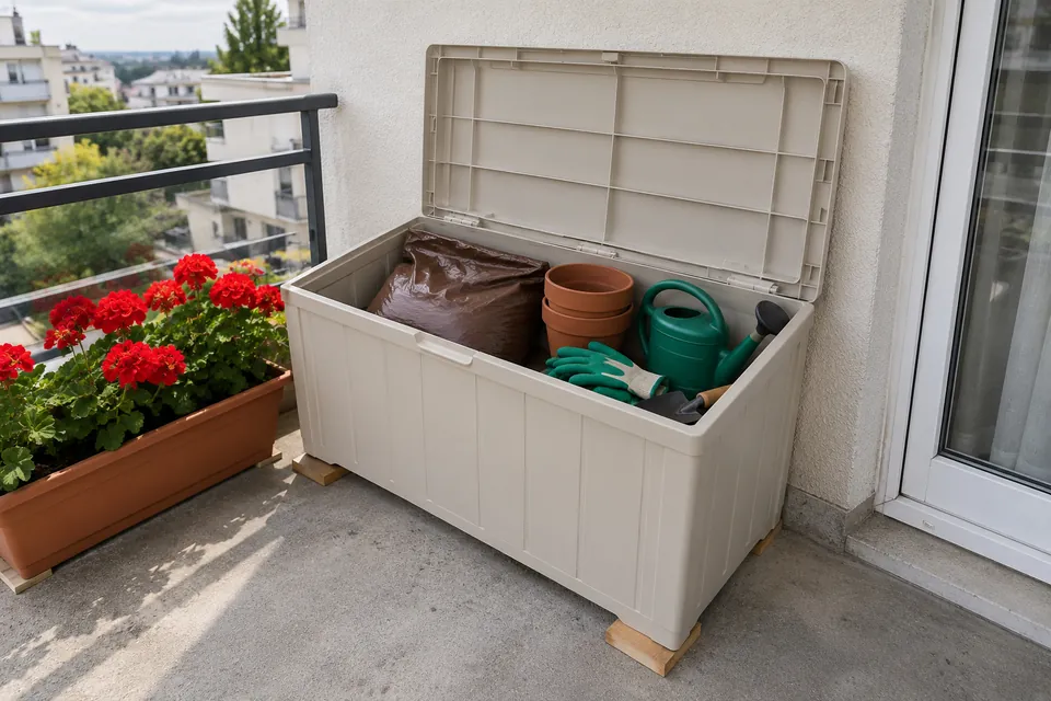 Coffre de rangement pas cher en résine beige sur un balcon, couvercle ouvert montrant un sac de terreau, des pots, un arrosoir et des gants, posé sur deux tasseaux