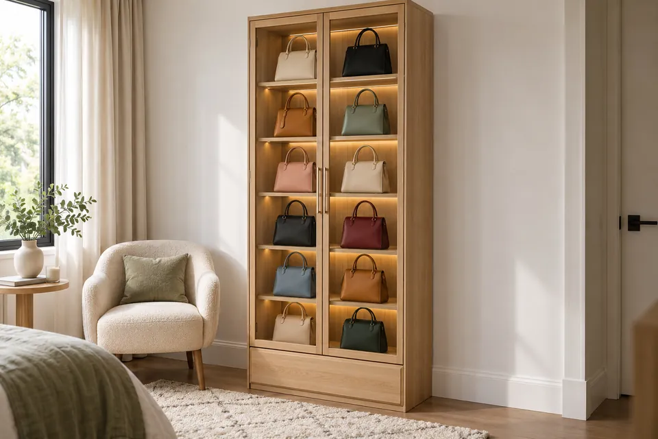 Meuble de rangement sac à main : colonne haute à portes vitrées dans une chambre, tablettes réglables avec un sac par emplacement, éclairage LED doux, sacs debout bourrés, un tiroir bas pour les pochettes