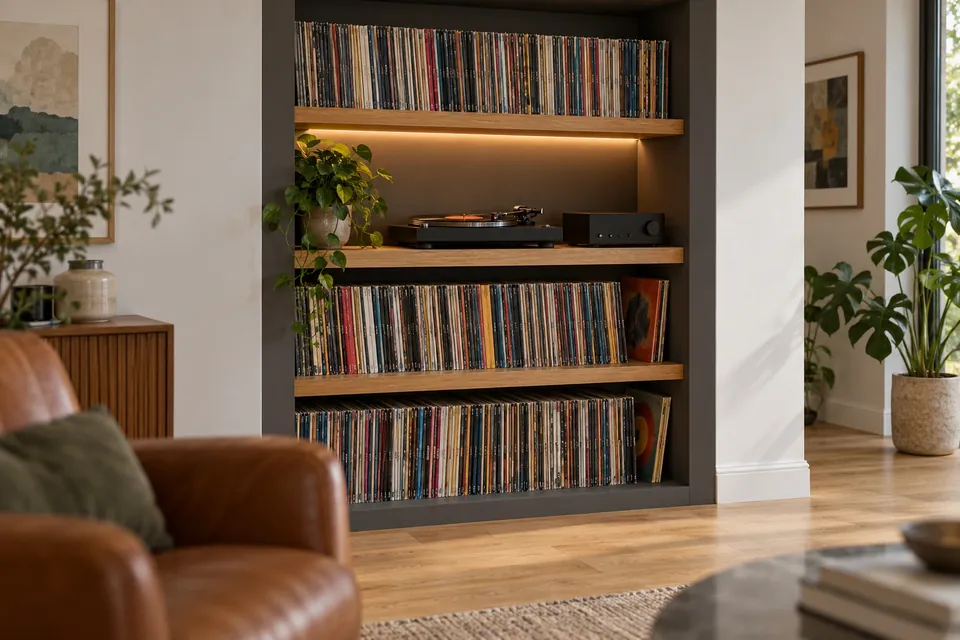 Meuble de rangement pour vinyle encastré dans une niche murale d’un salon : tablettes en chêne de mur à mur avec disques debout, une tablette renforcée à mi-hauteur portant la platine, éclairage LED sous la tablette haute