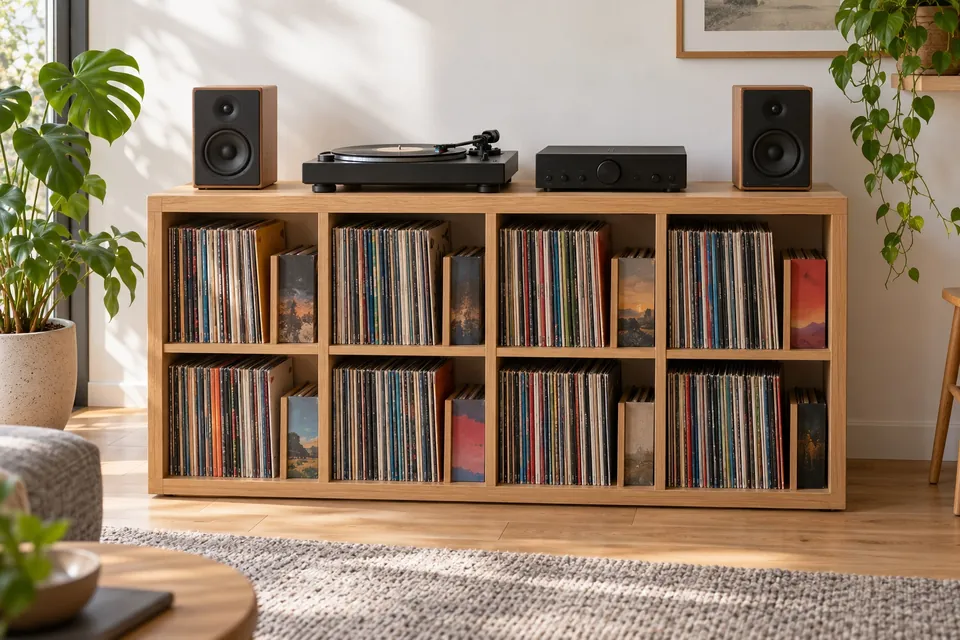Meuble de rangement pour vinyle à huit cases carrées en chêne clair, disques debout dans chaque case avec un séparateur, platine et ampli posés sur le dessus, salon lumineux