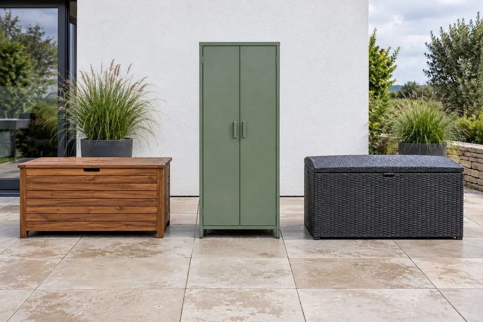 Trois meubles de rangement pour balcon côte à côte sur une terrasse : un coffre en bois d’acacia huilé, une armoire étroite en acier vert sauge, un coffre en résine tressée anthracite