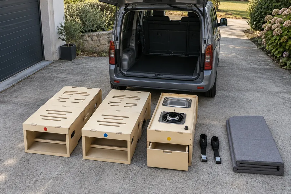 Module amovible en contreplaqué en trois parties posé devant un petit fourgon vide au hayon ouvert : deux caissons-lit et un caisson-cuisine, avec sangles et matelas pliable à côté