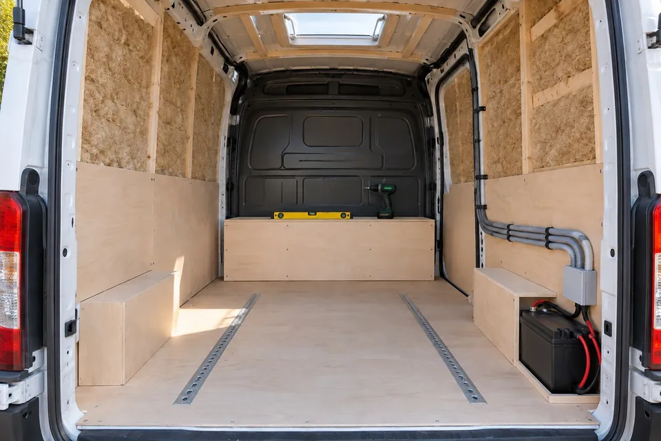 Fourgon en cours d’aménagement vu par l’arrière : parois isolées à moitié habillées, gaines électriques, plancher neuf avec rails, premier module du kit fixé contre la cloison avec un niveau posé dessus