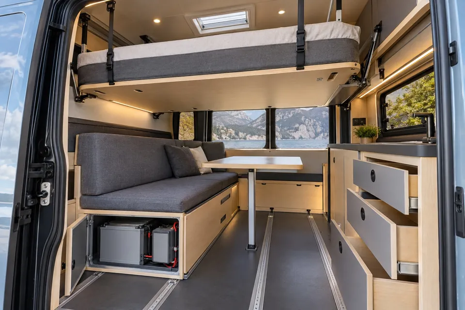 Fourgon aménagé moderne avec un lit escamotable relevé au plafond par des sangles, des meubles en panneaux légers fixés sur des rails et un module électrique pré-câblé ouvert sous la banquette