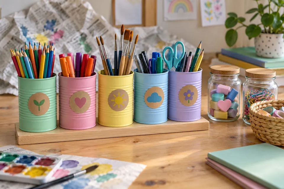 Organisateur de bureau fait maison avec des boîtes de conserve peintes en pastel et collées sur une planchette, remplies de crayons, feutres et pinceaux, à côté de bocaux en verre