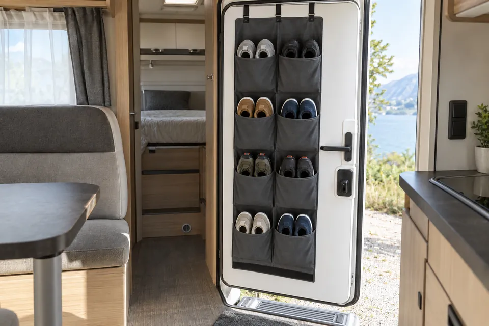 Organisateur chaussures porte camping-car : panneau en toile grise à huit poches suspendu sur la face intérieure de la porte de la cellule, une paire de chaussures par poche, poignée et verrou dégagés