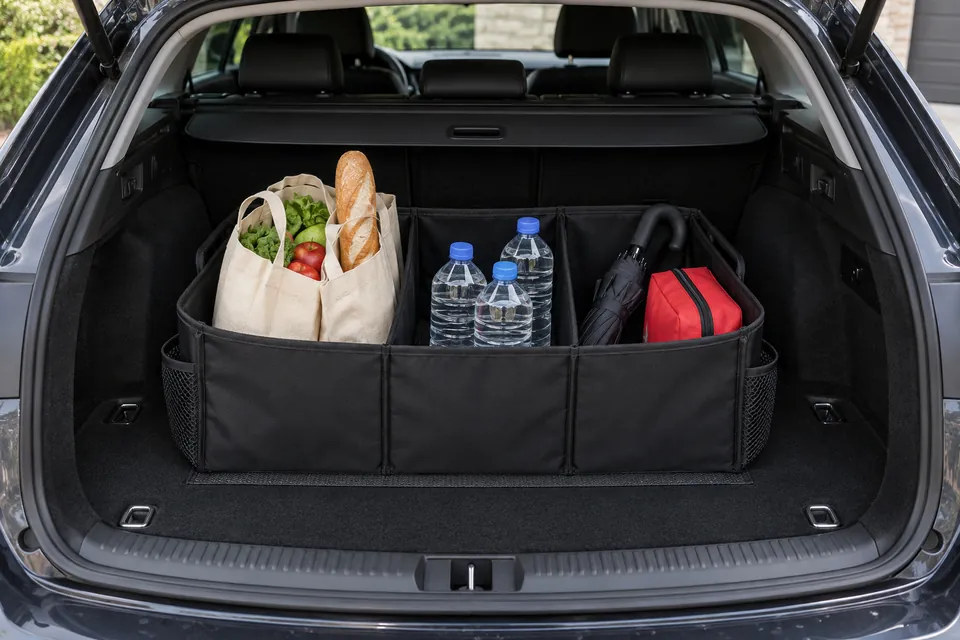 Organisateur de coffre de voiture en tissu noir à trois compartiments installé dans le coffre d’un break, avec sacs de courses, bouteilles, parapluie et trousse de secours bien calés, bande antidérapante au fond