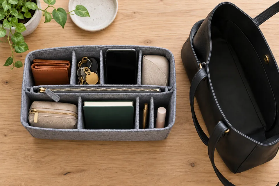 Organisateur de sac à main en feutre gris vu de dessus, compartiments garnis de portefeuille, clés, téléphone, lunettes, trousse et carnet, posé à côté d’un sac noir ouvert
