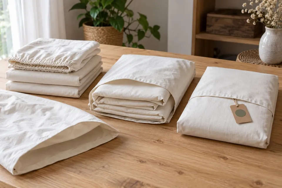 Trois étapes pour ranger une parure de draps dans sa taie : la pile pliée, la pile glissée à moitié dans la taie, le paquet fermé et étiqueté