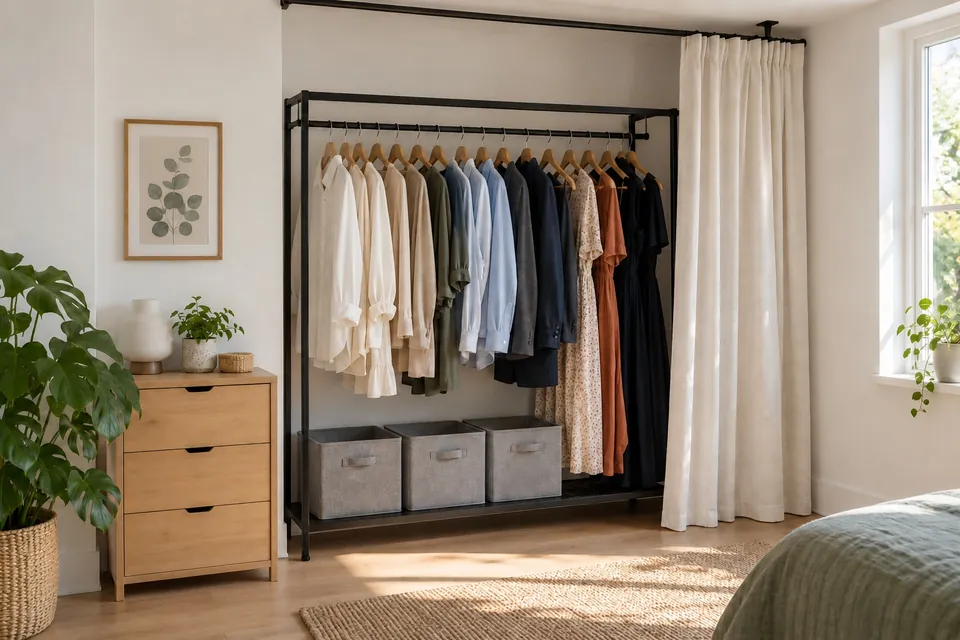Coin de chambre sans armoire : portant en métal noir avec des vêtements sur cintres identiques groupés par couleur, boîtes en tissu sur l’étagère basse, petit meuble à tiroirs et rideau en lin fixé au plafond