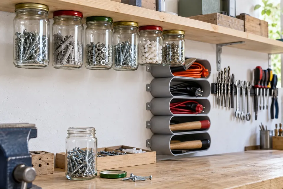 Bocaux en verre vissés sous une tablette et remplis de vis, tubes en PVC fixés au mur pour les rallonges et barre aimantée portant des outils, dans un garage