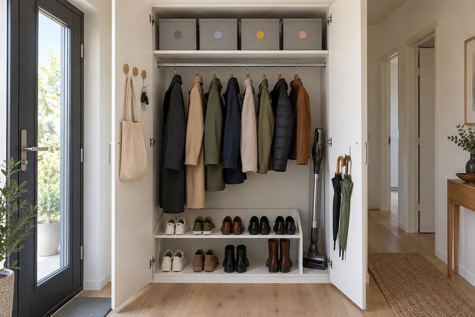 Placard d’entrée ouvert et bien rangé : penderie avec manteaux sur cintres identiques, tablette haute avec boîtes étiquetées par pastilles de couleur, tablettes basses inclinées avec chaussures, aspirateur balai et parapluies dans l’angle
