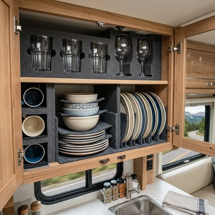 Placard de cuisine de camping-car avec des verres enchâssés dans un bloc de mousse, des assiettes sur la tranche dans des fentes en feutre et des bols dans des cases séparées