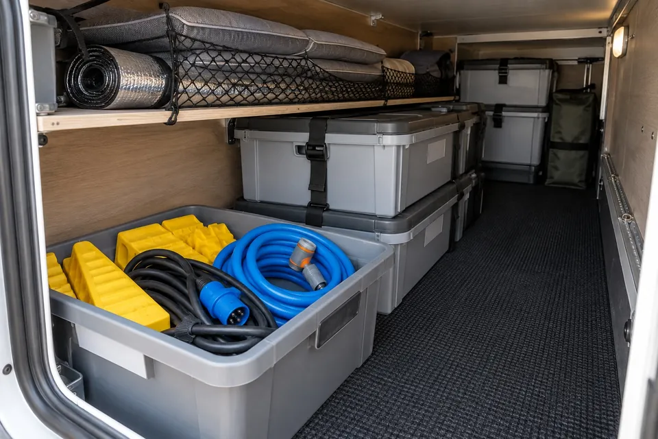 Soute de camping-car organisée en zones : bac des cales et branchements à la porte, bacs sanglés au centre, bacs fermés au fond et étagère avec coussins sous un filet