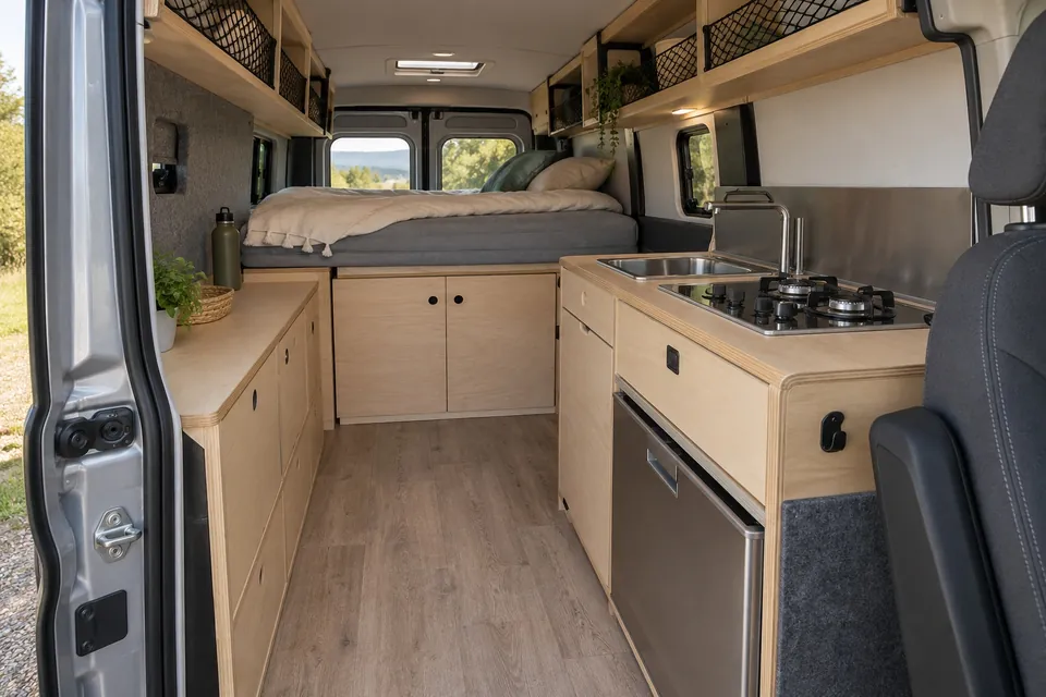 Intérieur d’un van Trafic aménagé vu par la porte coulissante : bloc cuisine à droite, lit transversal surélevé au fond sur une soute, meuble bas à gauche, meubles hauts à filets, couloir central libre