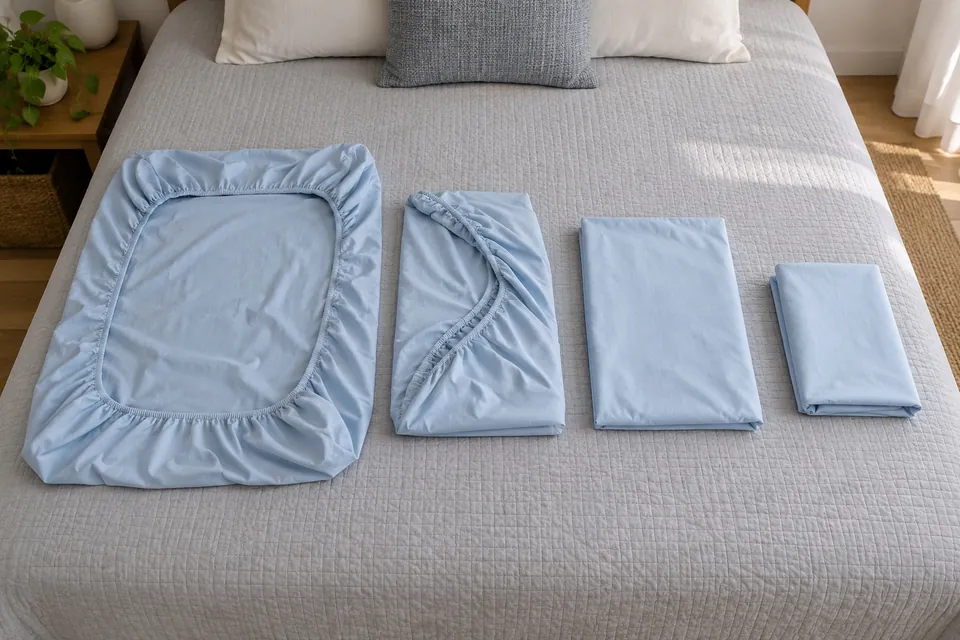 Quatre étapes du pliage d’un drap-housse posées sur un lit : à plat, coins emboîtés, rectangle aux élastiques rentrés, petit rectangle plié en trois