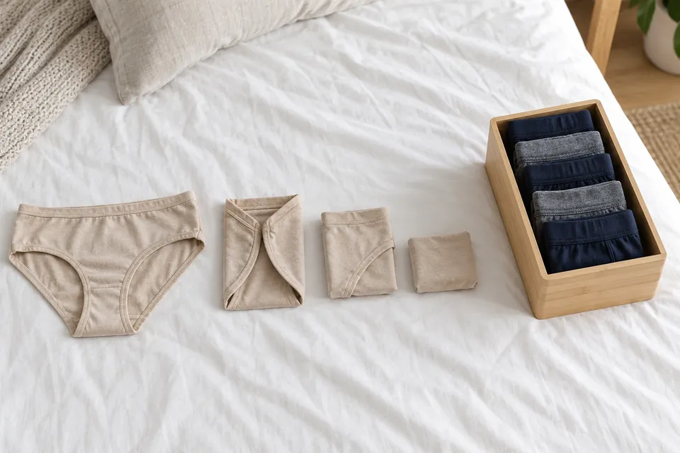 Quatre étapes du pliage vertical d’une culotte posées sur un lit, et une boîte en bambou avec des boxers pliés rangés debout