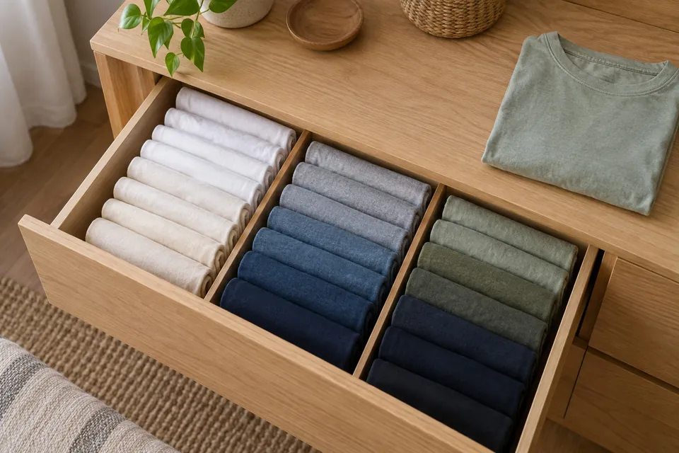 Tiroir de commode ouvert avec des tee-shirts pliés à la verticale, rangés debout sur la tranche en trois rangées séparées par des séparateurs en bambou, du clair au foncé