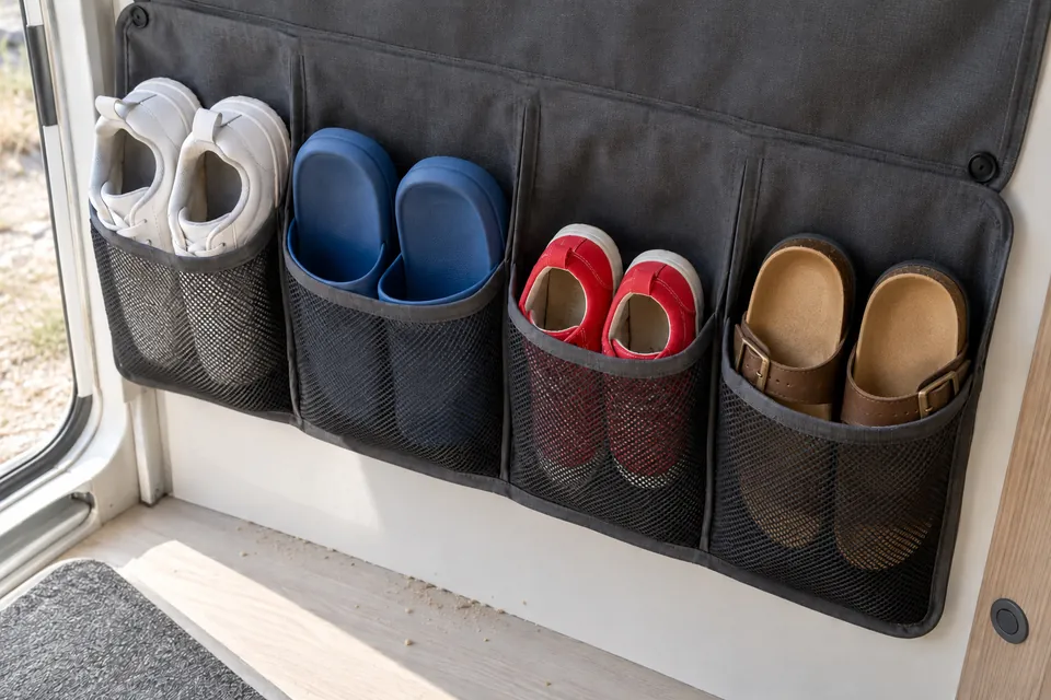 Gros plan sur les poches en filet d’un organisateur de porte de camping-car : baskets, claquettes et chaussures d’enfant rangées une paire par poche, pointes vers le bas