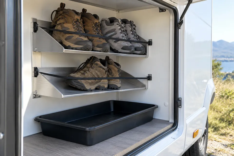 Porte-chaussures mural métallique en aluminium à deux niveaux fixé sur la paroi intérieure d’une soute de camping-car, trois paires de chaussures de randonnée posées dessus, sangle de maintien