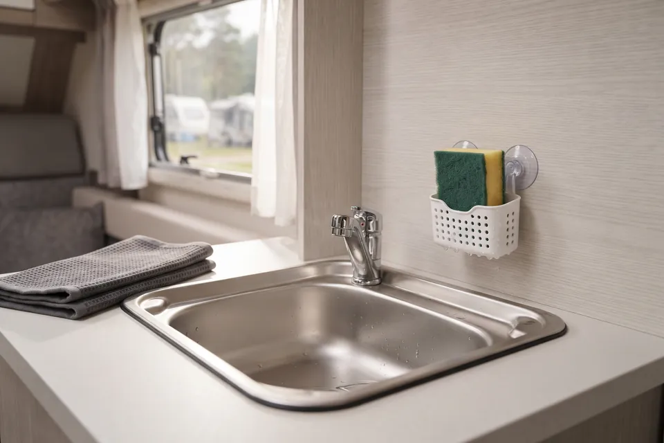 Évier en inox d’un camping-car avec un porte-éponge blanc ajouré fixé par ventouses sur la paroi, une éponge jaune et verte à sécher et des torchons gris pliés
