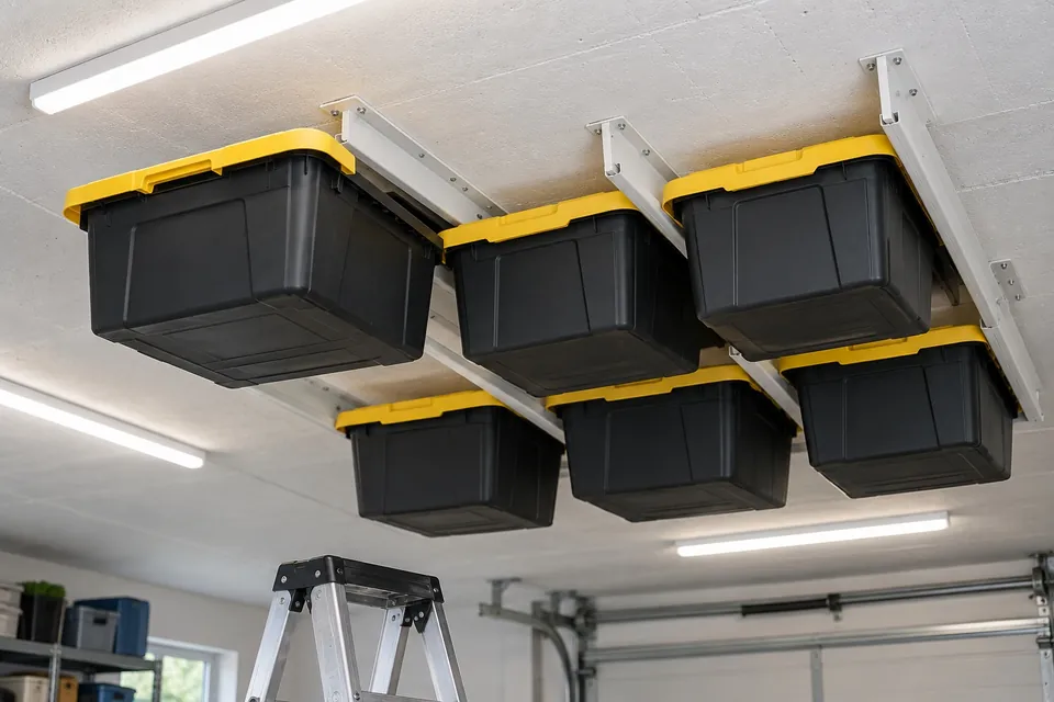 Bacs en plastique à rebord glissés dans des rails métalliques fixés au plafond d’un garage, l’un d’eux à moitié sorti
