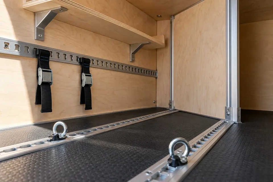 Soute de camping-car aménagée avec des rails d’arrimage en aluminium au plancher et à la paroi, une étagère en contreplaqué sur consoles et une cloison amovible dans des profilés en U
