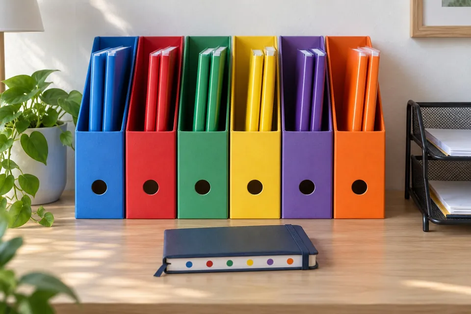 Six range-documents de couleurs différentes sur un bureau, chacun avec les cahiers de la même couleur, et un trieur à courrier à deux cases