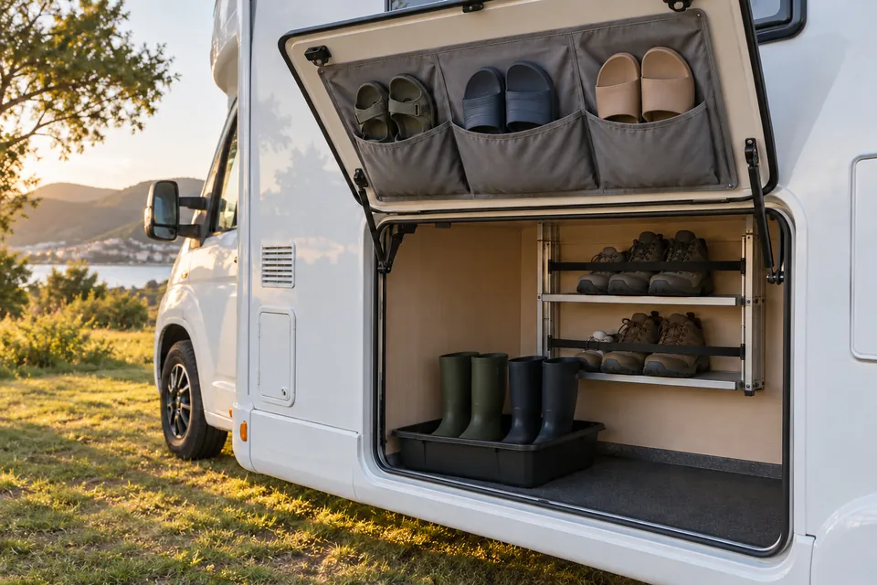 Soute de camping-car ouverte vue de l’extérieur : organisateur à poches sur la face intérieure de la porte de soute avec des sandales, bac plastique à rebord au sol avec des bottes, rack métallique à deux niveaux avec des chaussures de randonnée sur la paroi