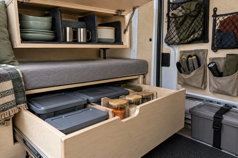Rangements d’un fourgon aménagé en kit : tiroir sous la banquette ouvert avec caisses et bocaux calés, meuble haut avec vaisselle calée, filet et poches sur la paroi, bac sanglé sur un rail
