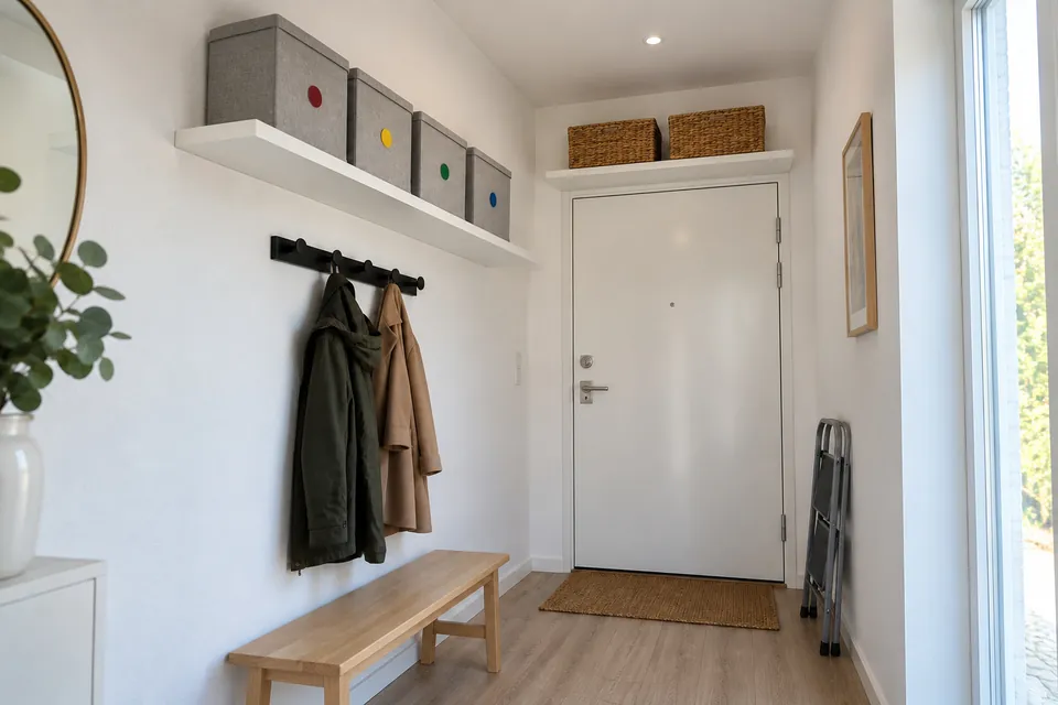 Entrée étroite avec une étagère blanche à 2 m sur toute la longueur du mur portant quatre boîtes en tissu gris identiques, une étagère au-dessus de la porte avec deux paniers, patères et banc en dessous