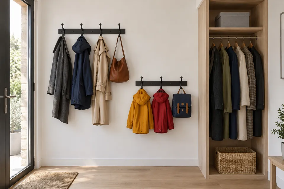 Mur d’entrée avec une barre de patères noires à 1,70 m portant trois manteaux et un sac, une seconde barre à 1,20 m avec deux vestes d’enfant, et une penderie ouverte étroite à côté avec des manteaux sur cintres