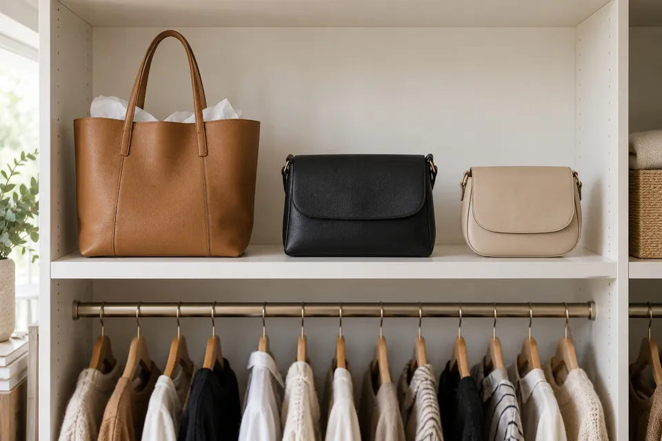 Rangement sac à main pour trois sacs : tablette haute d’un dressing avec trois sacs en cuir posés debout, bien espacés, chacun bourré de papier de soie, à hauteur de main