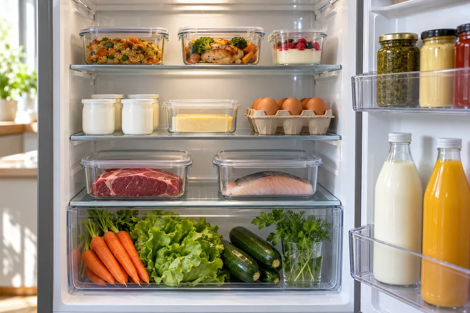 Réfrigérateur ouvert rangé étage par étage : restes et produits laitiers en boîtes transparentes en haut, viande et poisson en boîtes fermées sur la clayette du bas, légumes dans le bac, bouteilles et condiments dans la porte
