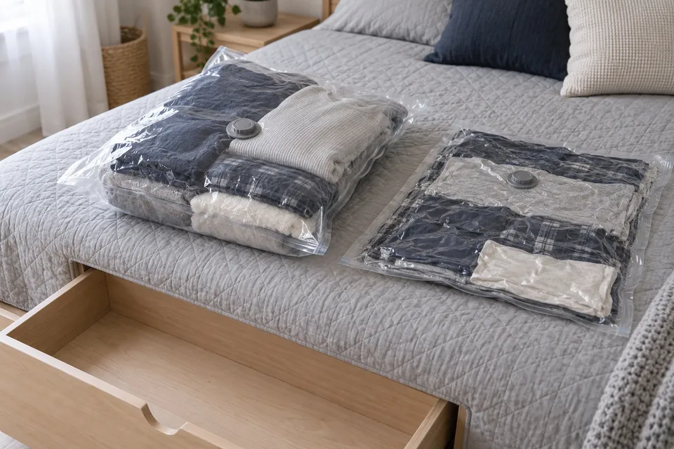 Deux sacs de rangement sous vide transparents posés sur un lit, remplis de sous-vêtements thermiques et de pyjamas, à côté d’un tiroir de lit entrouvert