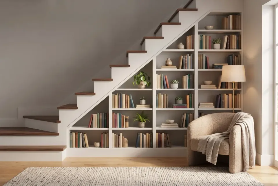 Bibliothèque blanche encastrée sous un escalier, avec des étagères remplies de livres et de plantes qui suivent la pente, un fauteuil et un lampadaire devant