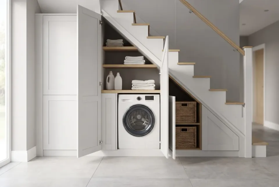 Lave-linge encastré sous un escalier, portes ouvertes, avec des étagères de serviettes et de lessive au-dessus et des paniers en osier dans la partie basse
