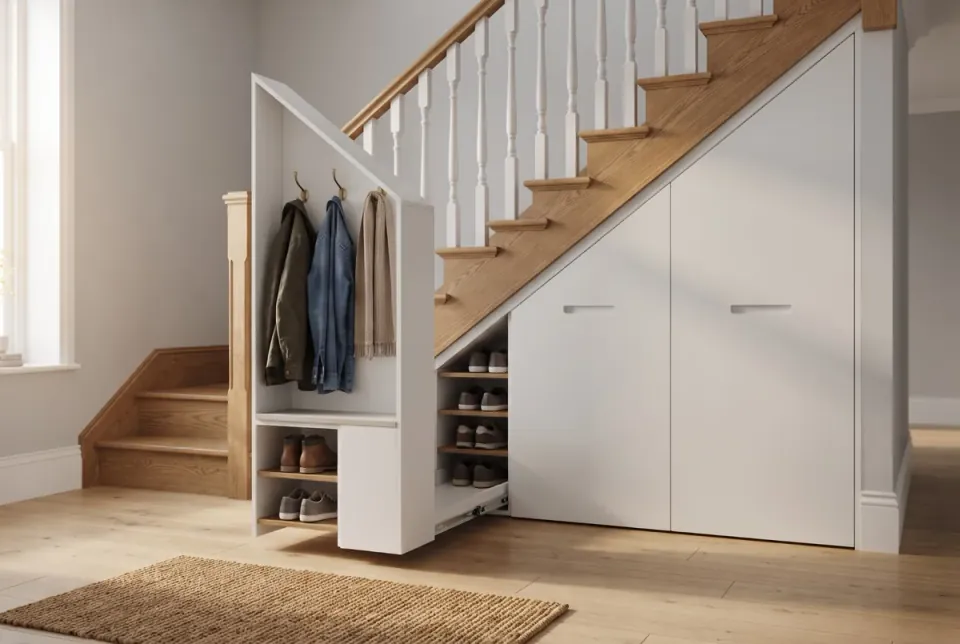 Casier vertical sorti de sous un escalier, avec des patères et des vestes d’un côté, des chaussures sur étagères en bas, et un tiroir à chaussures sur coulisses à côté