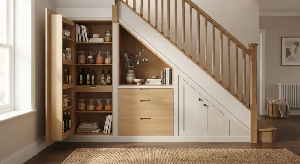 Garde-manger sous escalier avec une porte coulissante sortie, équipée d’étagères de bocaux et de bouteilles d’huile, des tiroirs en chêne, une niche décorative et de petits placards dans la partie basse