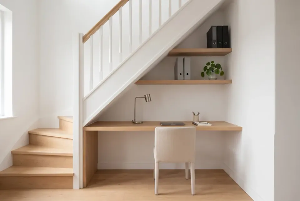 Petit bureau en chêne clair installé sous un escalier blanc, avec une chaise, une lampe, un ordinateur portable et deux étagères avec classeurs et une plante