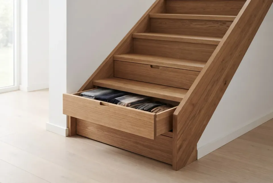 Escalier en chêne dont les deux premières marches sont des tiroirs, le plus bas ouvert et rempli d’écharpes et de gants