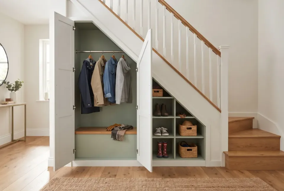 Placard sous escalier ouvert dans une entrée, avec une tringle et des vestes, un banc en bois, et des casiers à chaussures et paniers dans la partie basse