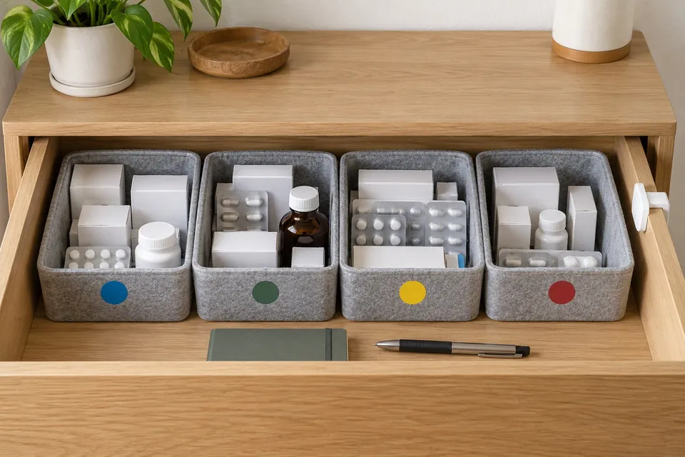 Tiroir de commode ouvert avec quatre bacs en feutre étiquetés par couleur pour ranger les médicaments par personne, bloque-tiroir visible