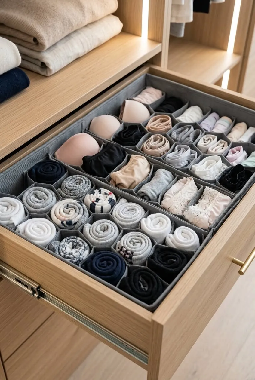 Tiroir de dressing ouvert avec un organisateur à alvéoles en tissu gris : soutiens-gorge en file, culottes pliées et chaussettes roulées, une pièce par case