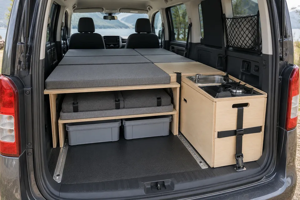 Fourgon cinq places vu par le hayon : banquette rabattue avec un module de lit amovible en contreplaqué posé dessus, caisse-cuisine amovible sanglée à l’arrière et bacs sous le lit