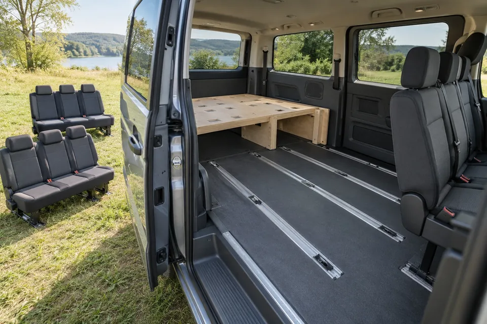 Minibus vitré neuf places en transformation : rangées de sièges déposées sur l’herbe, rails de sièges au plancher servant de fixation à une structure de lit en contreplaqué, une rangée conservée derrière la cabine