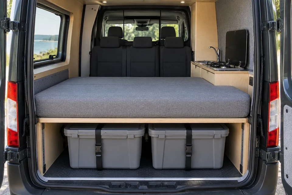 Fourgon double cabine aménagé vu par l’arrière : lit transversal surélevé sur une soute à bacs, banquette d’origine et cloison vitrée derrière, petit meuble cuisine sur le côté