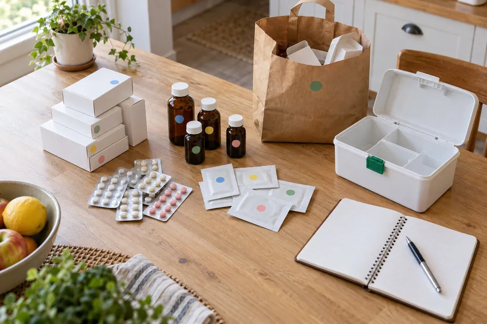 Médicaments triés en quatre groupes sur une table, sac kraft pour le retour en pharmacie, boîte à pharmacie vide et carnet d'inventaire