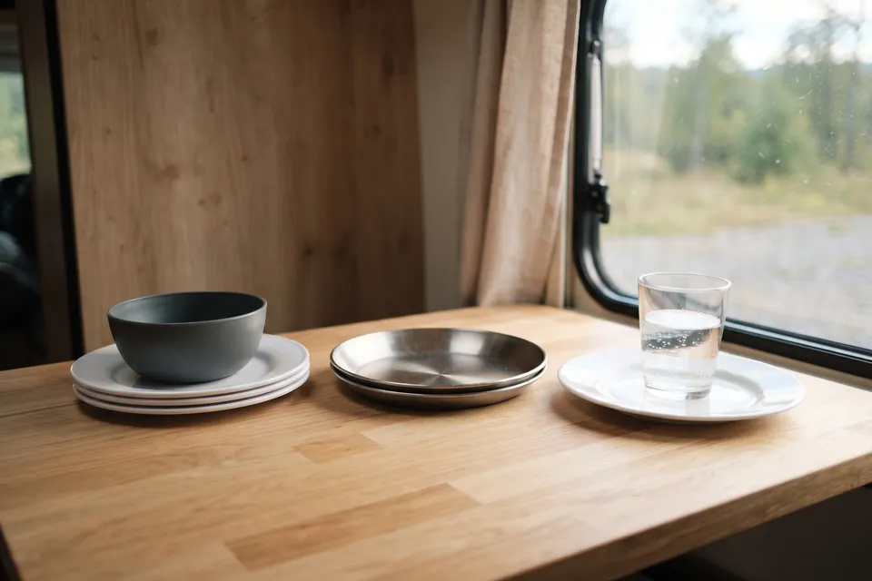 Sur la table d’un camping-car, une pile d’assiettes en mélamine blanche avec un bol gris, deux assiettes en inox et une assiette en porcelaine portant un verre d’eau